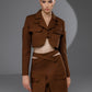 SOLEN Cocoa Brown deconstructed tailored set front view with cropped jacket and asymmetric wrap waist