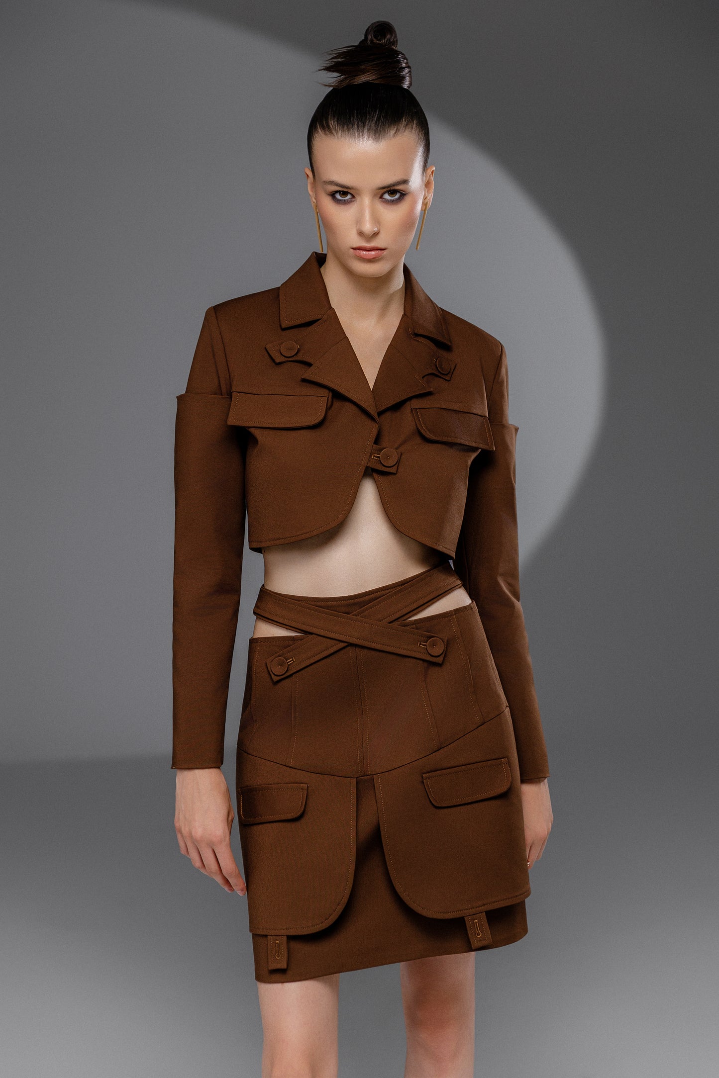 SOLEN Cocoa Brown deconstructed tailored set front view with cropped jacket and asymmetric wrap waist