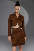 SOLEN Cocoa Brown deconstructed tailored set front view with cropped jacket and asymmetric wrap waist