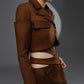 SOLEN Cocoa Brown deconstructed tailored set side detail with cropped jacket and asymmetric waist