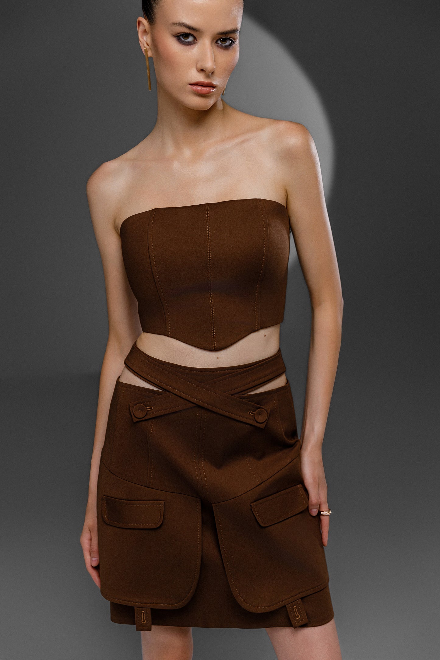 SOLEN Cocoa Brown deconstructed tailored set with strapless top and asymmetric belted skirt
