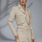 SOLEN sand beige three piece tailored set front view with cropped jacket structured corset and asymmetric skirt