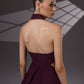 VEYRA Burgundy Crossover Halter Jumpsuit back detail showing the open back, halter collar, fitted waist and structured hip panels.
