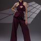 VEYRA Burgundy Crossover Halter Jumpsuit full-length front view showing the crossover halter neckline, waist cutouts, structured hip panels and wide-leg trousers.