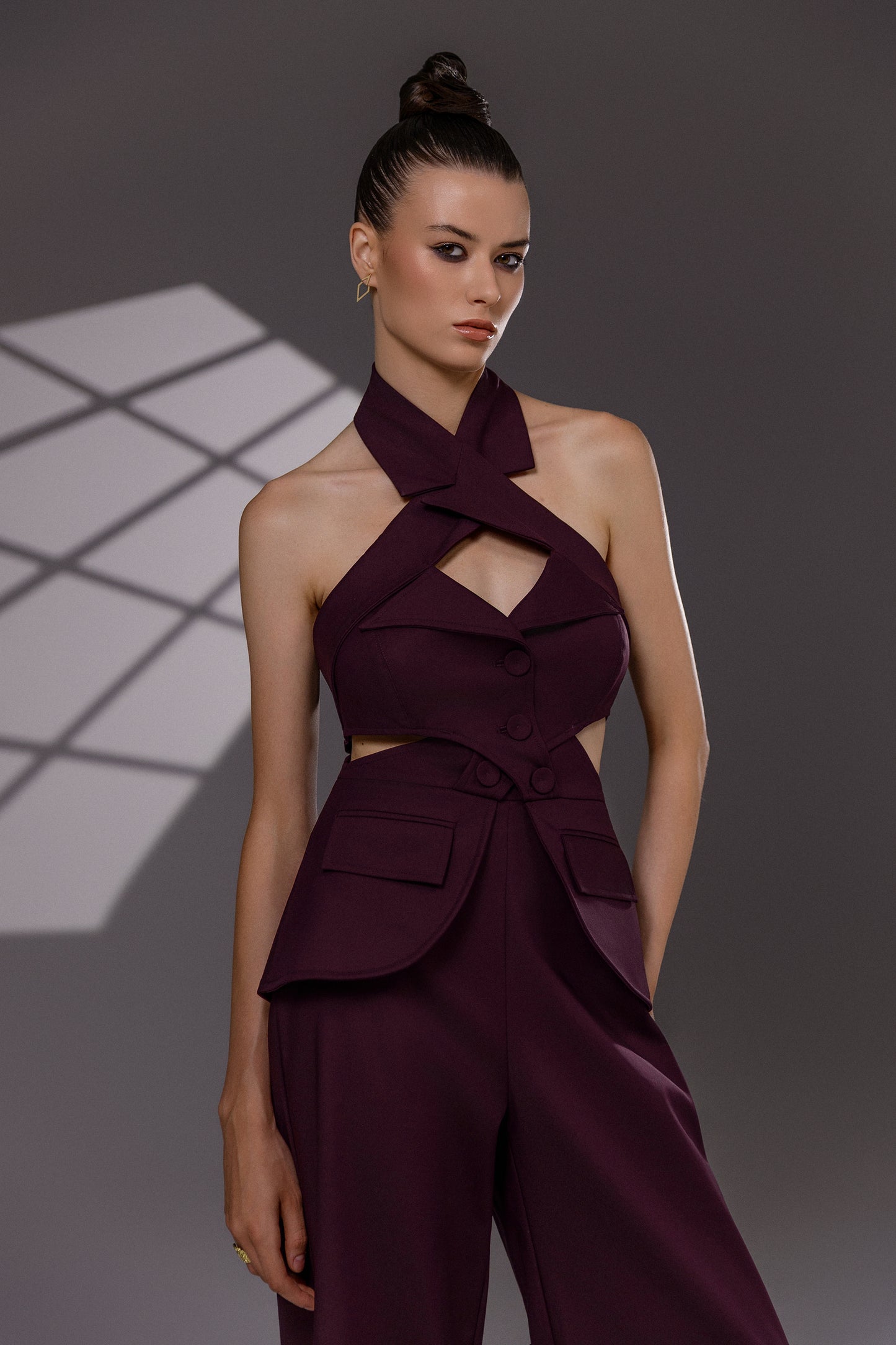 VEYRA | Burgundy Crossover Halter Jumpsuit