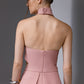 VEYRA Dusty Rose Crossover Halter Jumpsuit back view with open back, buttoned halter neck and fitted waist.